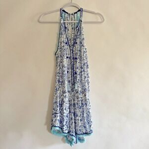 Poupette St. Barth Romper White Blue Fringe Trim Tassles Vacation Medium Viscose